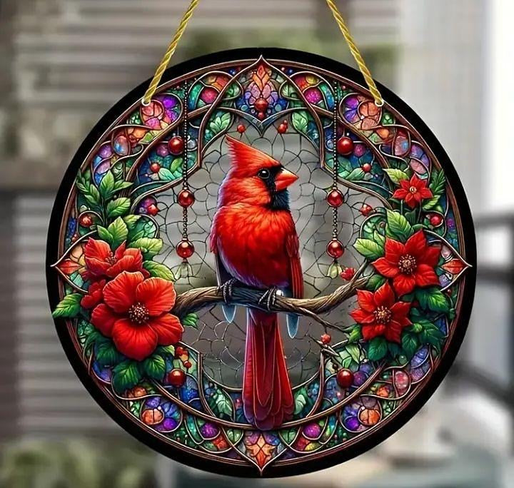 Stained glass acrylic suncatcher: Red bird on branch #11.