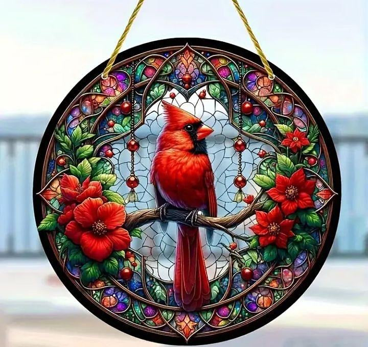 Stained glass acrylic suncatcher: Red bird on branch #11.