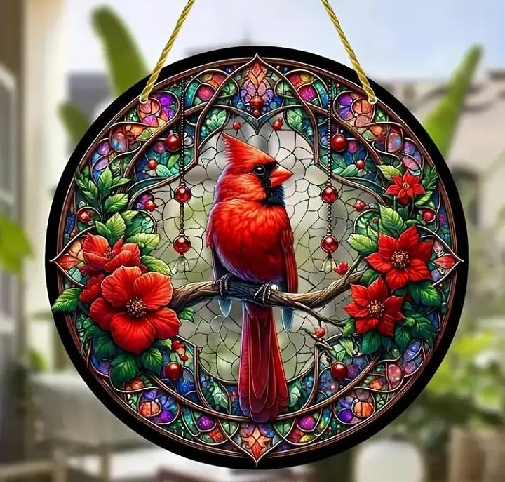 Stained glass acrylic suncatcher: Red bird on branch #11.