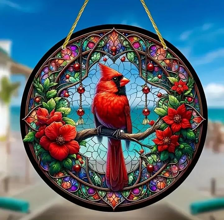 Stained glass acrylic suncatcher: Red bird on branch #11.