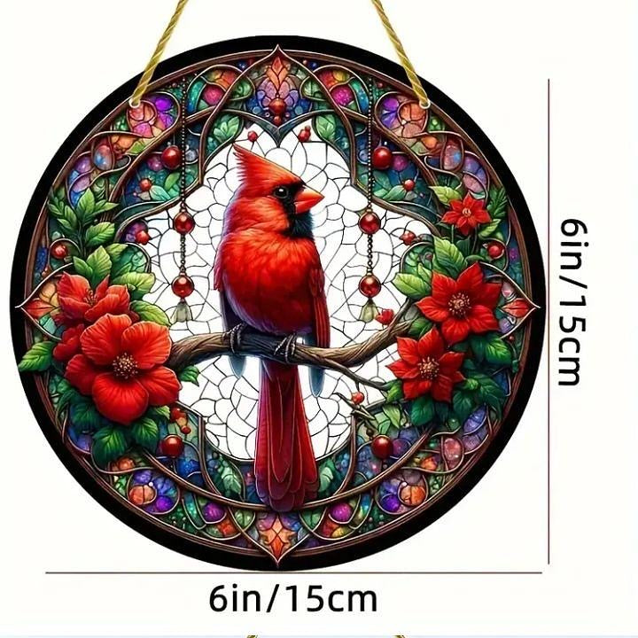 Stained glass acrylic suncatcher: Red bird on branch #11.