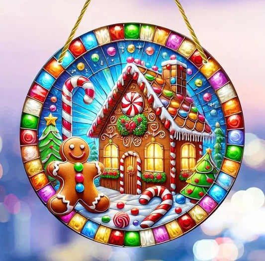 Stained glass acrylic suncatcher with gingerbread house and man design