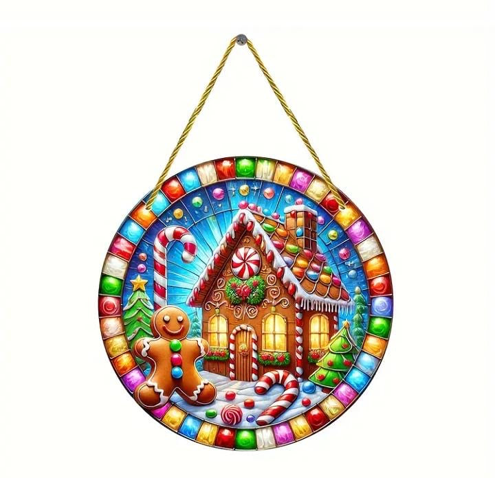 Stained glass acrylic suncatcher with gingerbread house and man design