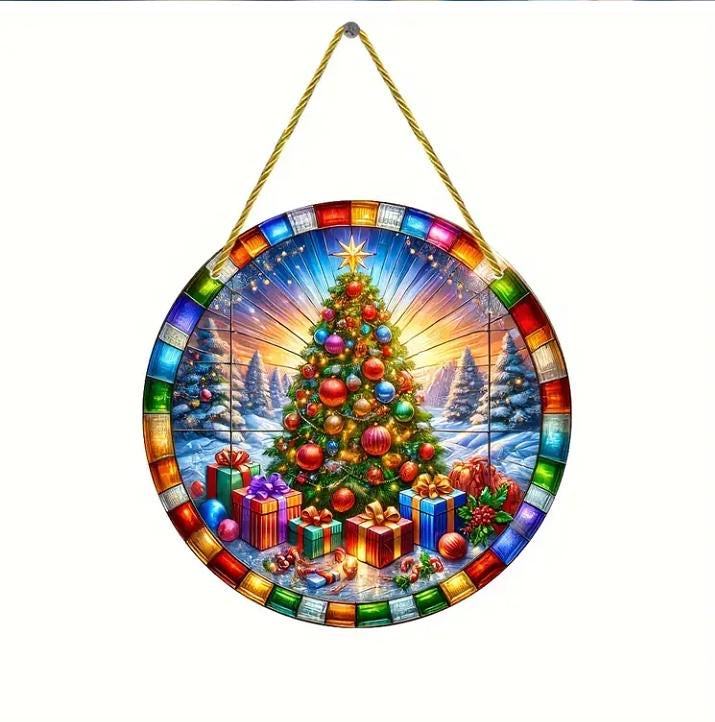 Stained glass acrylic suncatcher of Christmas tree with gift