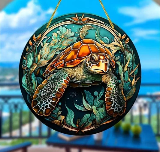 Stained glass acrylic suncatcher turtle undersea, design number 16.