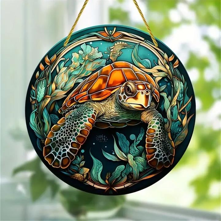 Stained glass acrylic suncatcher turtle undersea, design number 16.