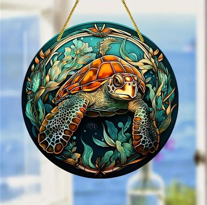 Stained glass acrylic suncatcher turtle undersea, design number 16.