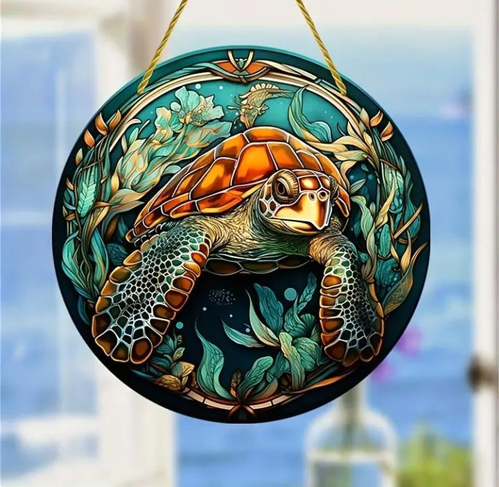 Stained glass acrylic suncatcher turtle undersea, design number 16.