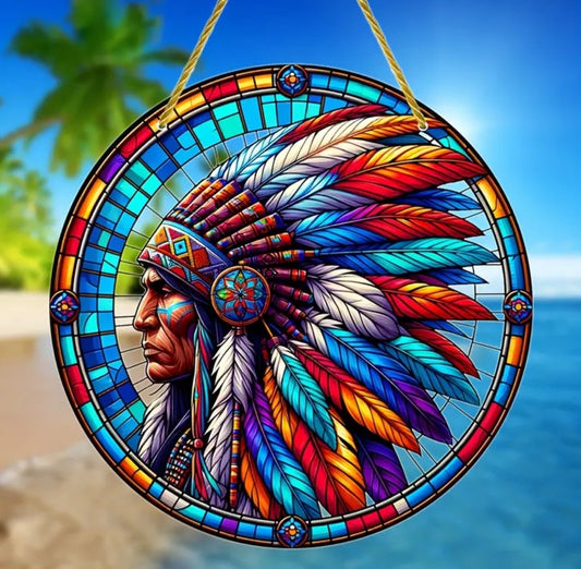 Native American in headdress stained glass acrylic suncatcher, vibrant décor