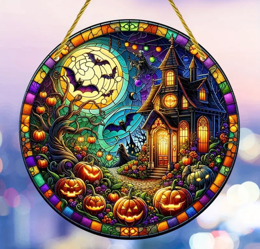 Moon, bat, and spooky house stained glass acrylic suncatcher for Halloween décor