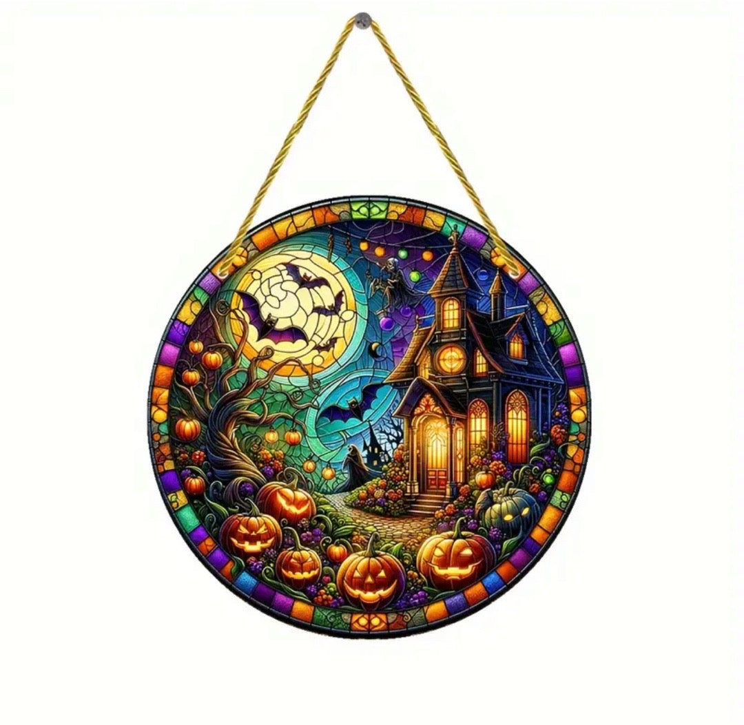 Moon, bat, and spooky house stained glass acrylic suncatcher for Halloween décor