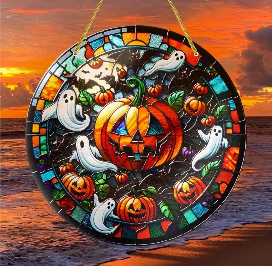 8in Halloween Suncatcher – Spooky Pumpkin with Ghosts, Festive and Fun Decor.