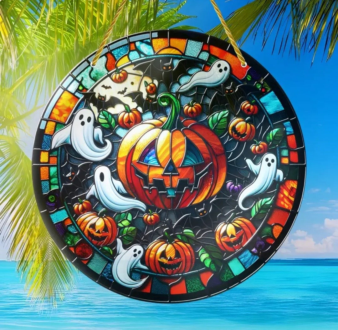 8in Halloween Suncatcher – Spooky Pumpkin with Ghosts, Festive and Fun Decor.