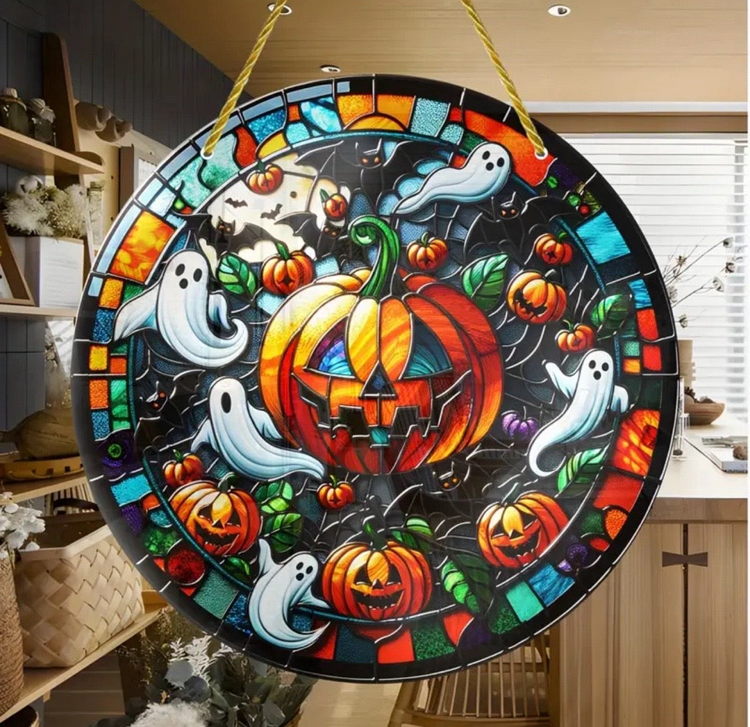 8in Halloween Suncatcher – Spooky Pumpkin with Ghosts, Festive and Fun Decor.