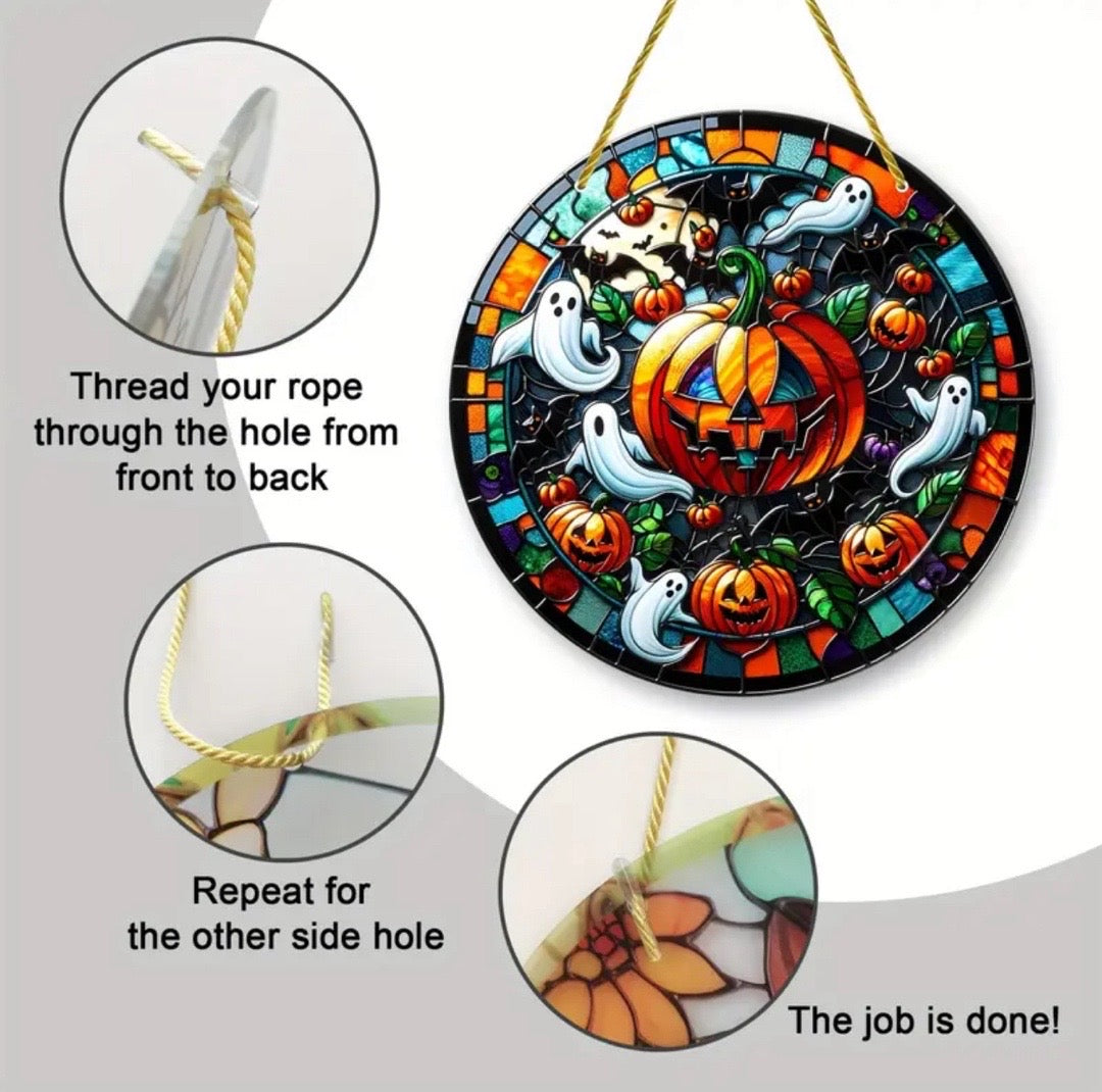 8in Halloween Suncatcher – Spooky Pumpkin with Ghosts, Festive and Fun Decor.