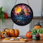 Stained glass acrylic sun catcher: moon, castle, and tree design. Halloween