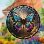 Blue and purple butterfly stained glass acrylic suncatcher, #10 design.