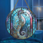 Large stained glass-style acrylic seahorse suncatcher, underwater theme.