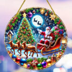 Stained glass acrylic suncatcher with Santa, moon, tree, and reindeer.