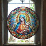 Stained glass acrylic suncatcher Mother Mary holding baby Jesus