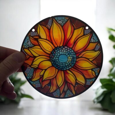Yellow Flower Stained Glass Acrylic Suncatcher - 6" Sunburst Design