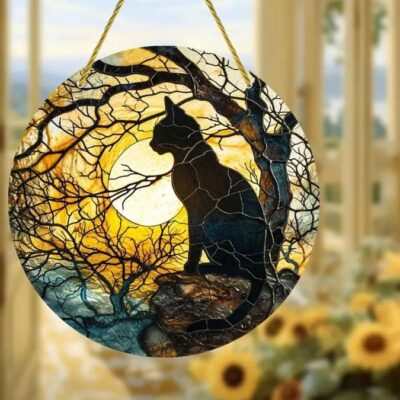 Black cat with moon and trees suncatcher, perfect for Halloween décor.