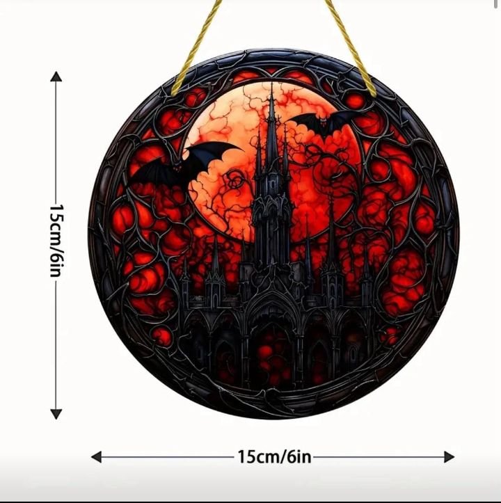 Stained glass acrylic suncatcher, Halloween castle with moon and bats, spooky - Image 4