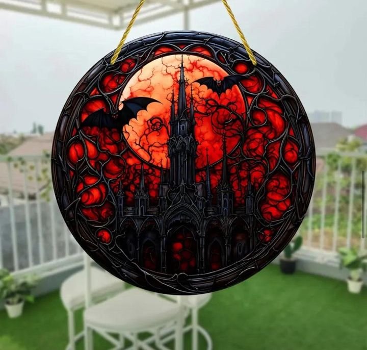 Stained glass acrylic suncatcher, Halloween castle with moon and bats, spooky - Image 2