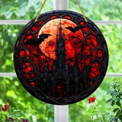 Stained glass acrylic suncatcher, Halloween castle with moon and bats, spooky