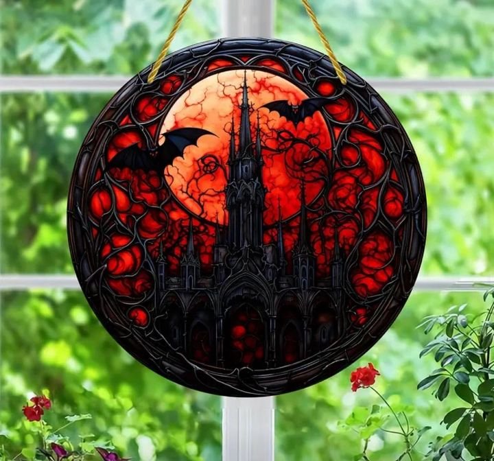Stained glass acrylic suncatcher, Halloween castle with moon and bats, spooky