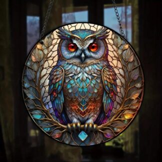 Tall blue owl suncatcher: acrylic stained glass.