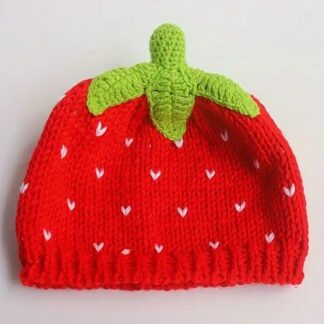 Hand-knitted strawberry hat, soft, cozy, and perfect for all ages.