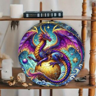 Metal sign featuring a dragon with ball, perfect for displaying