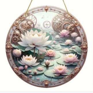 Stained glass acrylic suncatcher, pink flower with lily pads design.
