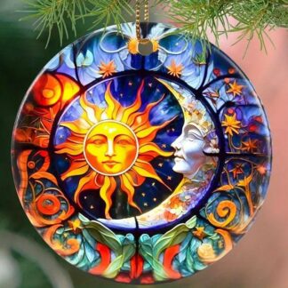 Stained glass acrylic suncatcher, moon and sun faces, yin-yang light and dark.