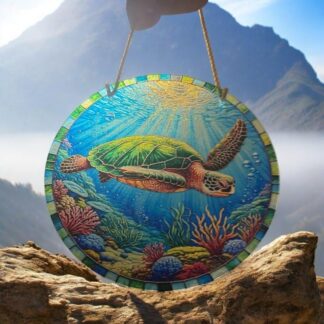 Stained glass acrylic suncatcher, sea turtle design #18, underwater sunlight.