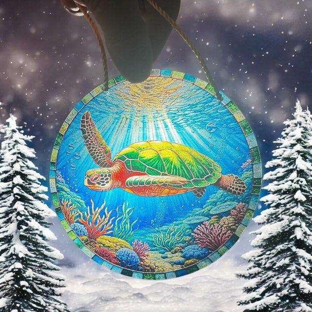 Stained glass acrylic suncatcher, sea turtle design #18, underwater sunlight. - Image 2