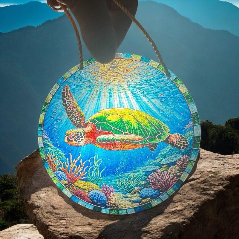 Stained glass acrylic suncatcher, sea turtle design #18, underwater sunlight. - Image 3