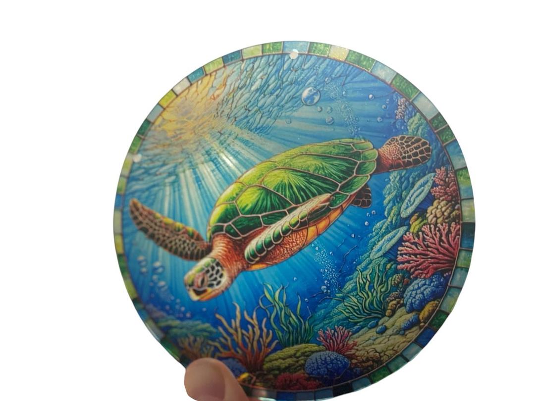 Stained glass acrylic suncatcher, sea turtle design #18, underwater sunlight. - Image 5