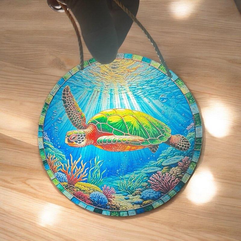 Stained glass acrylic suncatcher, sea turtle design #18, underwater sunlight. - Image 6